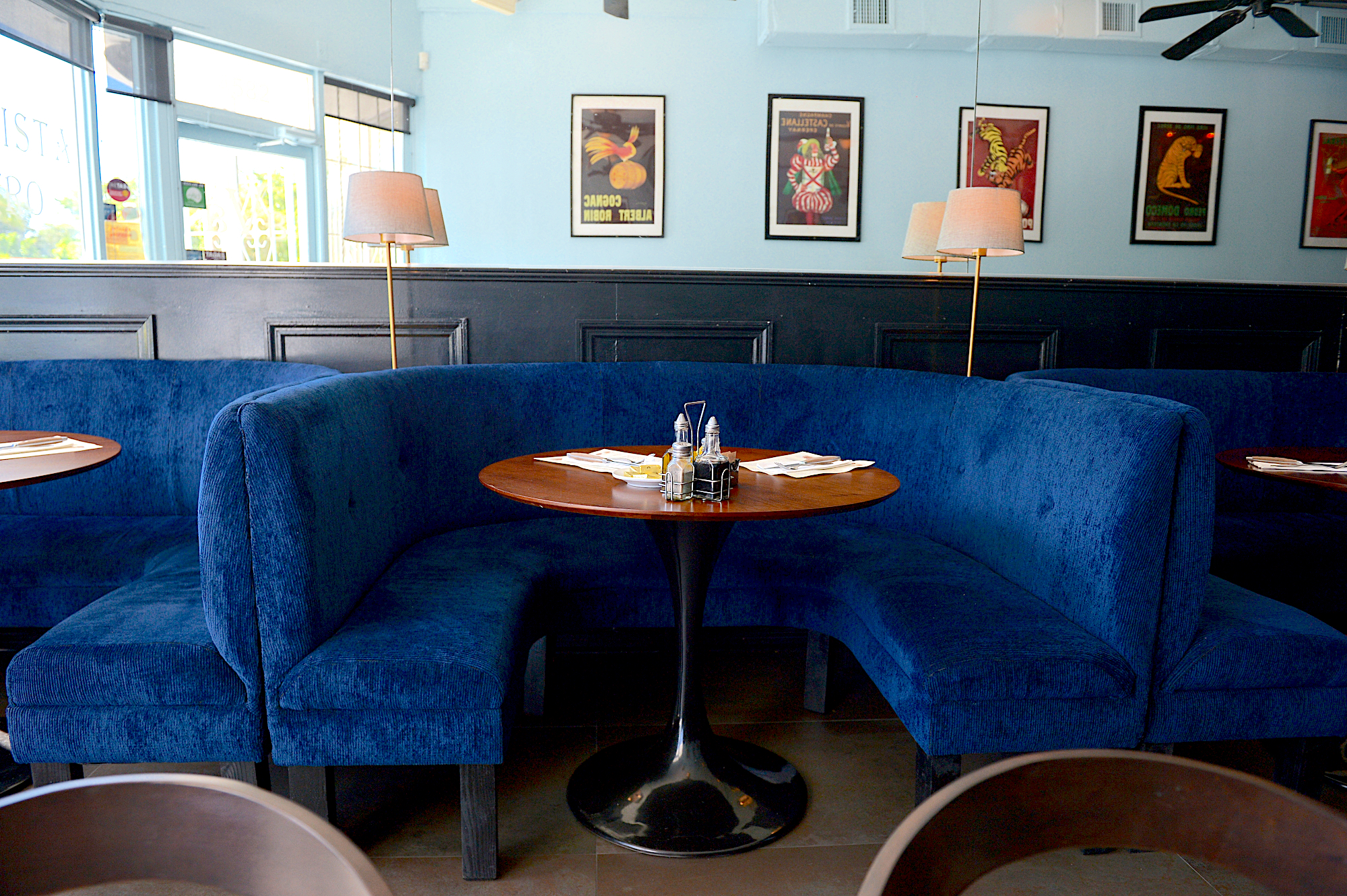 Buena Vista Bistro Restaurant - picture of blue booths, designed by Beatrice Leupold